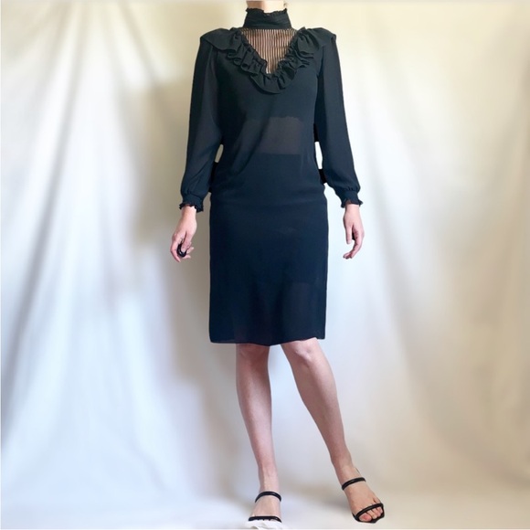 Vintage 80’s Black Frilly Ruffle Sheer Marie Claire CA Dress 9/10 Fairy Goth - Picture 2 of 16